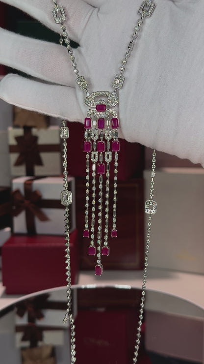 14k White Gold Ruby and Diamond Lavalier Necklace