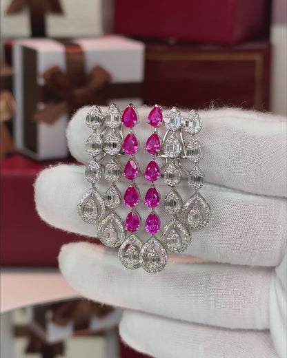 14k White Gold Raindrops Pink Sapphire and Diamond Earrings