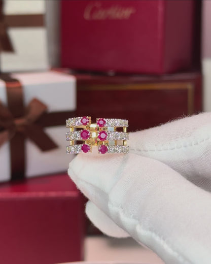 Ruby and Diamond Triple Layer 14k Yellow Gold Open Ring