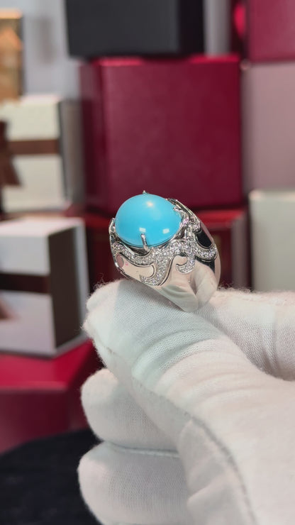 14k White Gold Turquoise Signet Diamond Ring