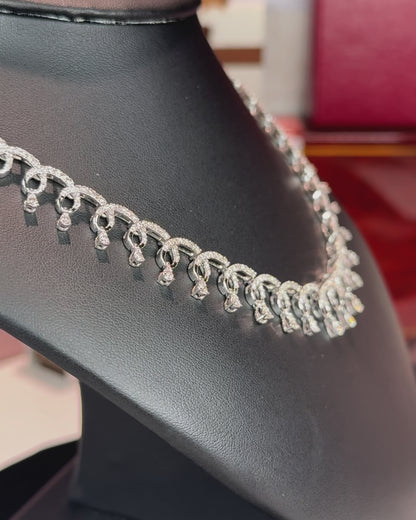 Curvy Pattern and Dangling Raindrops 14k White Gold Diamond Necklace