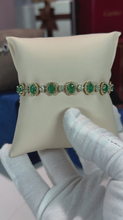 Emerald and Diamond 14k Yellow Gold Halo Bracelet