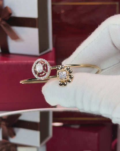 Flower and Oval Design 14k Yellow Gold Diamond Bangle