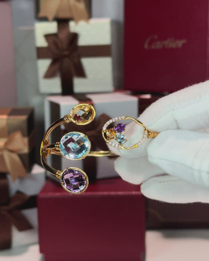 14k Yellow Gold Color Stones Open Cuff Diamond Bangle