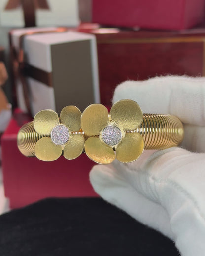 Twin Diamond Flower 14k Yellow Gold Bangle