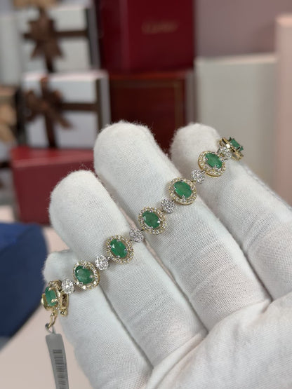 Emerald and Diamond 14k Yellow Gold Halo Bracelet
