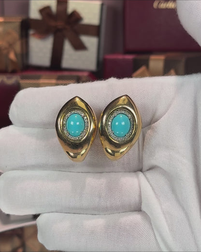 14k Yellow Gold Turquoise Eye Huggie Earrings