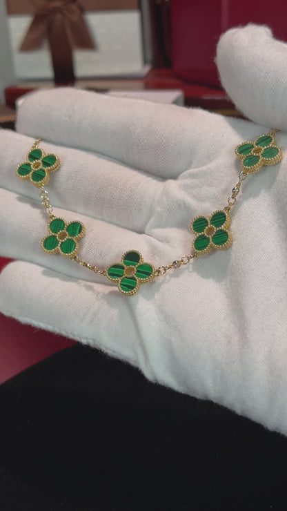 Van Cleef Inspired 14k Yellow Gold Green Malachite Four Pedals Bracelet