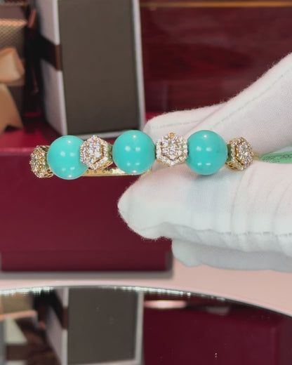 Turquoise Beads and Hexagon Diamond Design 18k Yellow Gold Bangle Bracelet