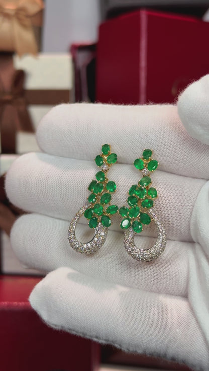 Floral Emerald and Diamond 14k Yellow Gold Earrings
