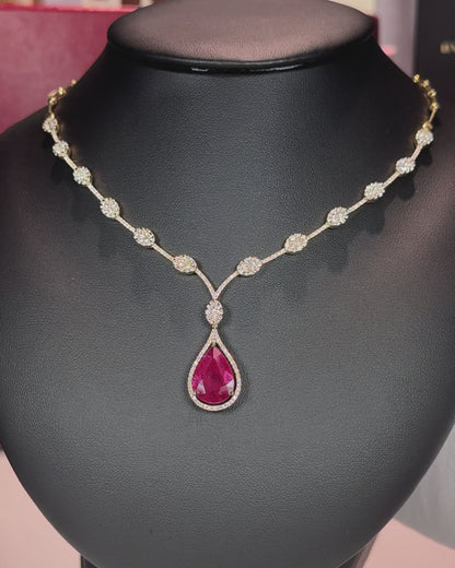 14k Yellow Gold Pear Shape Ruby Drop Diamond Necklace