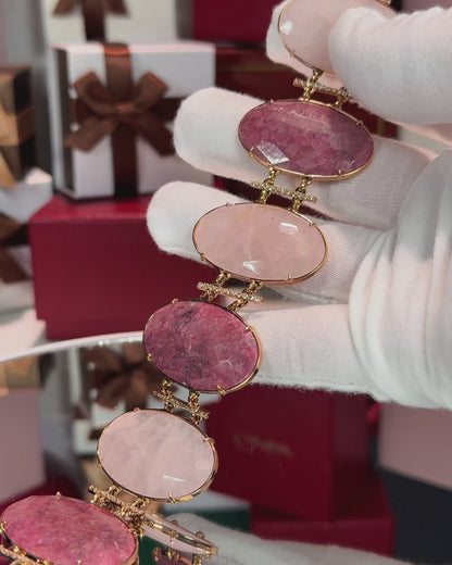 Ruby and Rose Quartz Stretch 14k Yellow Gold Bracelet
