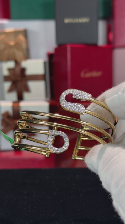 Three Wrap Safety Pin 18k Yellow Gold Diamond Bangle