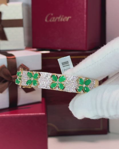 14k Yellow Gold Emerald Flowers Diamond Pave Bangle