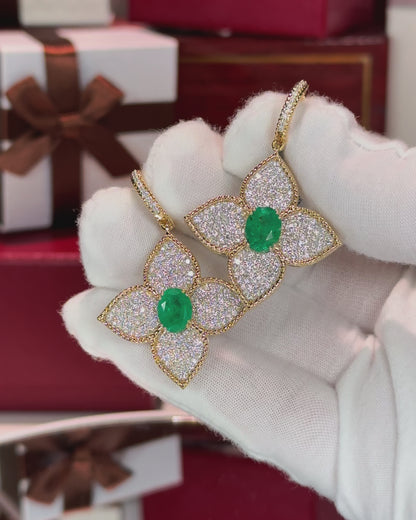 Diamond and Emerald Flower 14k Yellow Gold Earrings