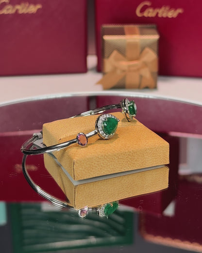 14k White Gold Emerald Halo Open Cuff Bangle
