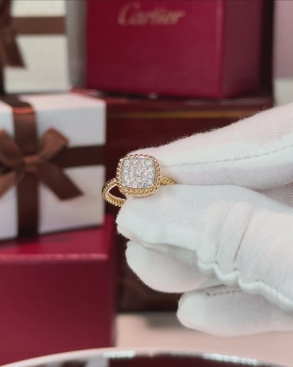 14k Yellow Gold Square Cluster Diamond Rope Shank Ring